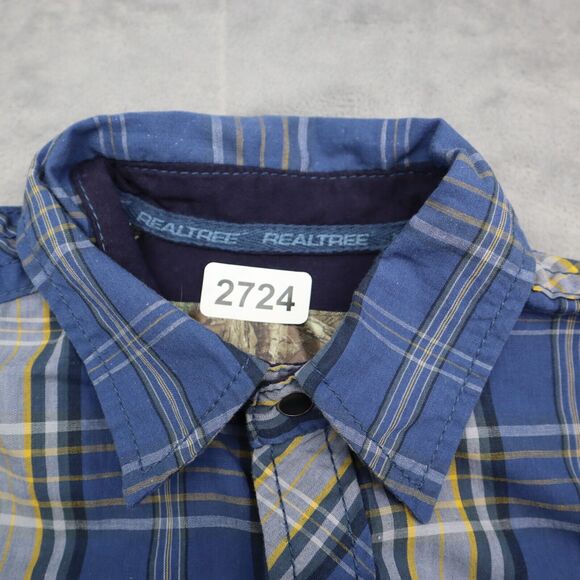 Real Tree Shirt Mens Small Blue Plaid Black Pearl Snap Button Up Dress Western - Picture 7 of 16